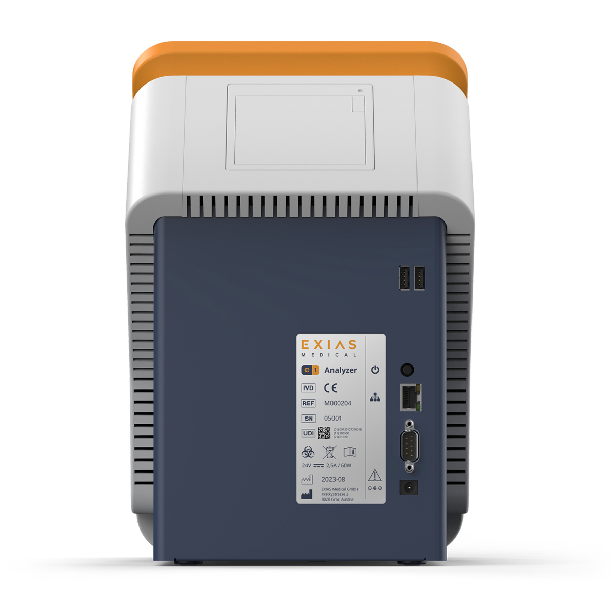 Medi laite EXIAS-nimellä, takanäkymä, jossa näkyy portit, tarrat ja ilmanvaihtoaukot.