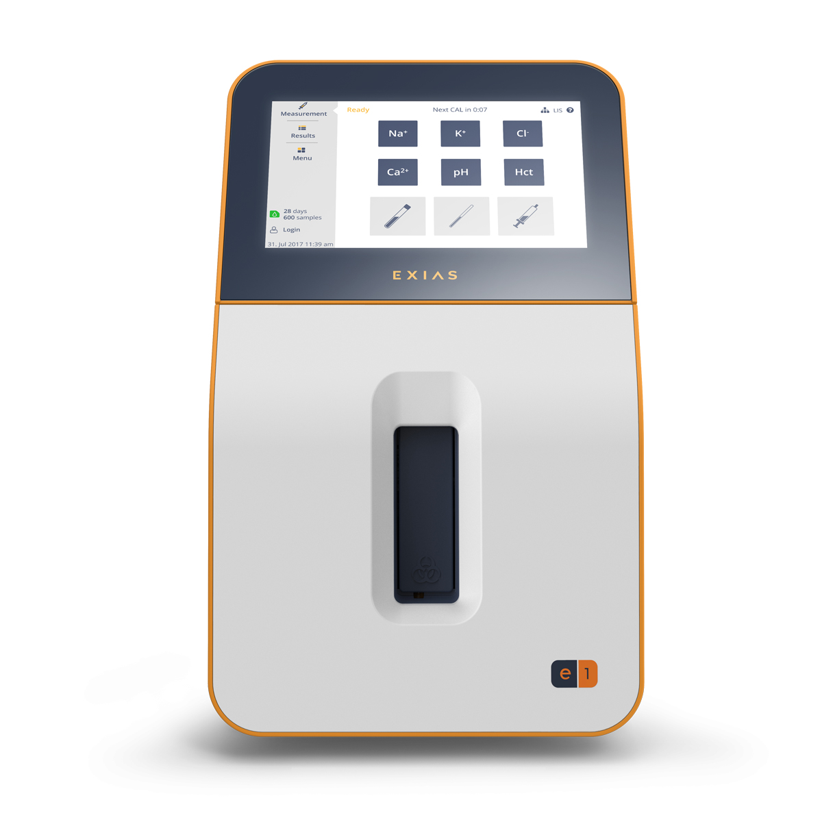 Moderni lääketieteellinen analyysilaite kosketusnäytöllä, joka näyttää testivaihtoehdot, etupuolella merkintä "EXIAS".