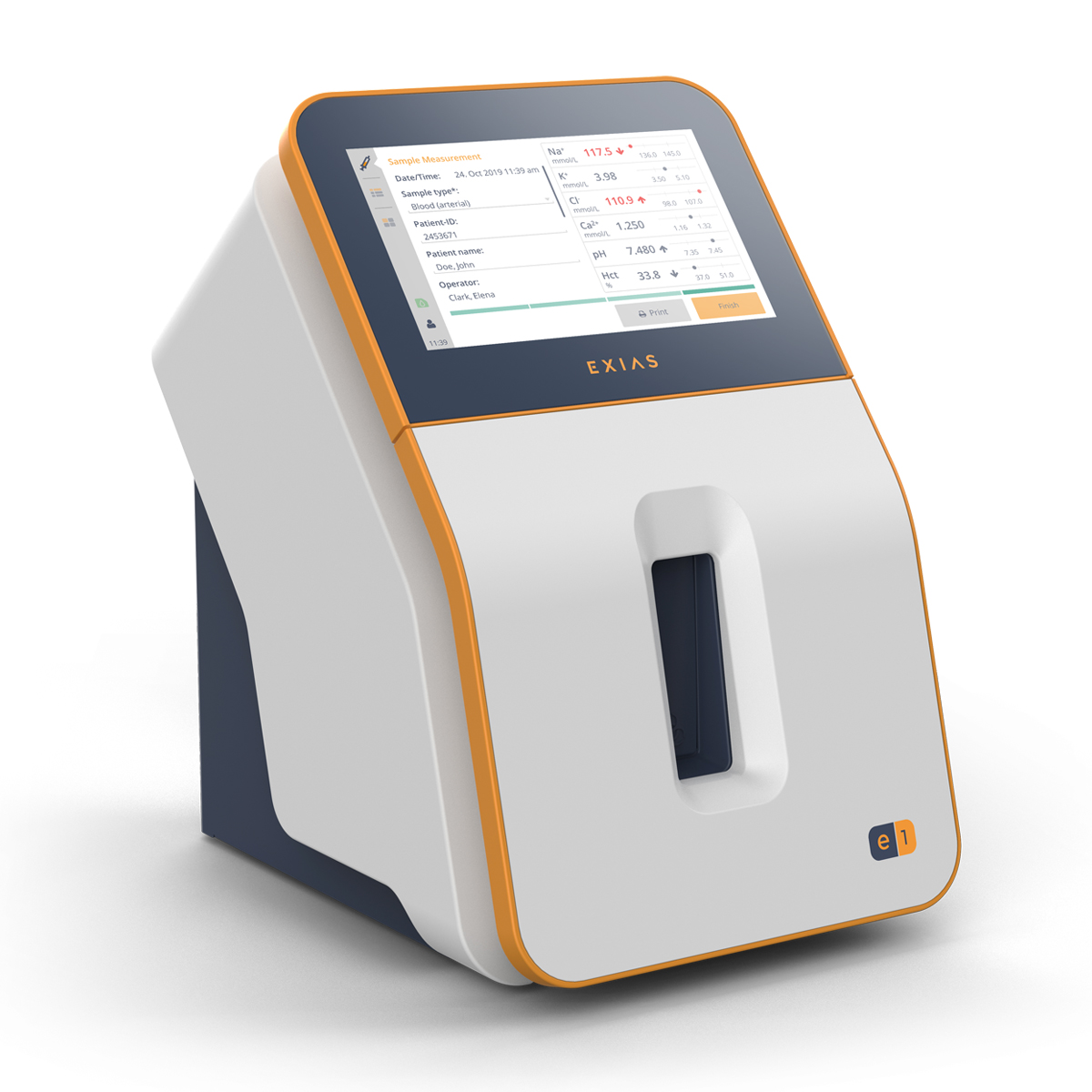 Moderni lääkinnällinen laite, jossa kosketusnäyttö ja testitulokset näkyvissä, nimetty "EXIAS", valkoinen oransseilla ja sinisillä aksenteilla.