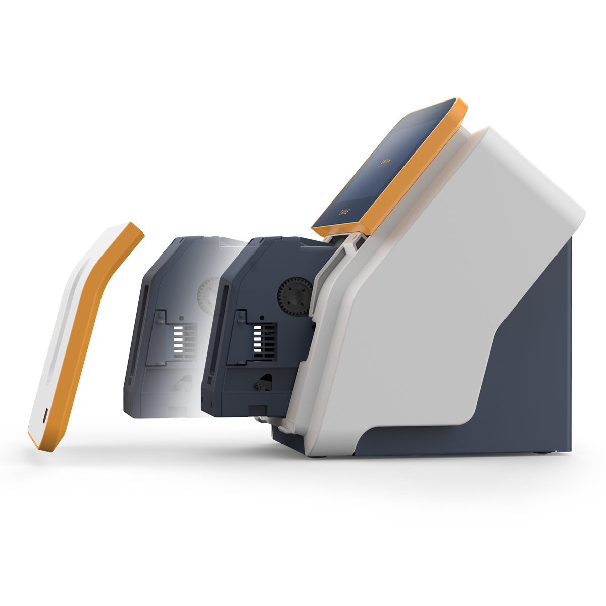 Moderni laboratorioväline, jossa irrotettavat osat erillään, kosketusnäytöllä ja oransseilla yksityiskohdilla valkoisella taustalla.