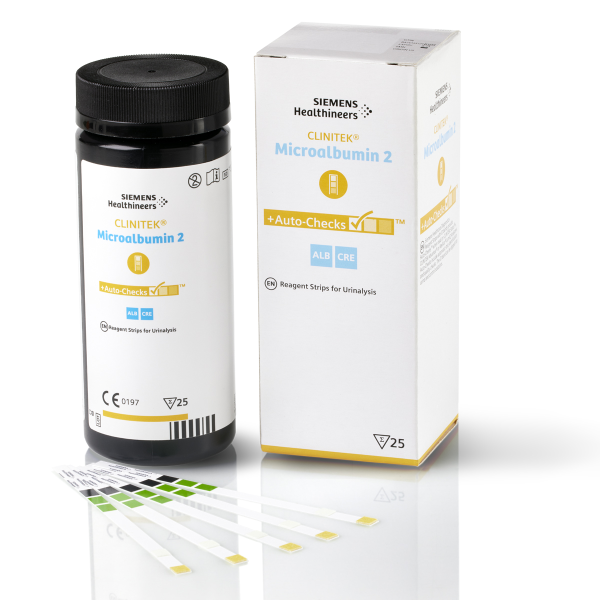 Siemens Healthineers Clinitek Microalbumin 2 -virtsatestiliuskojen purkki, laatikko ja liuskoja.