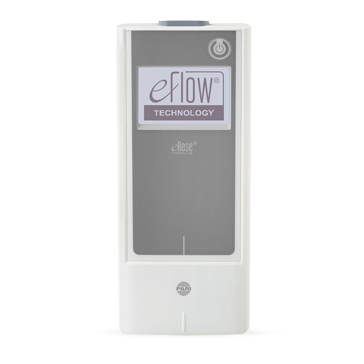 Valkoinen ja harmaa lääketieteellinen laite, jossa on eFlow Technology -merkintä, virtapainikkeen kuvake ja PARI-logo alhaalla.