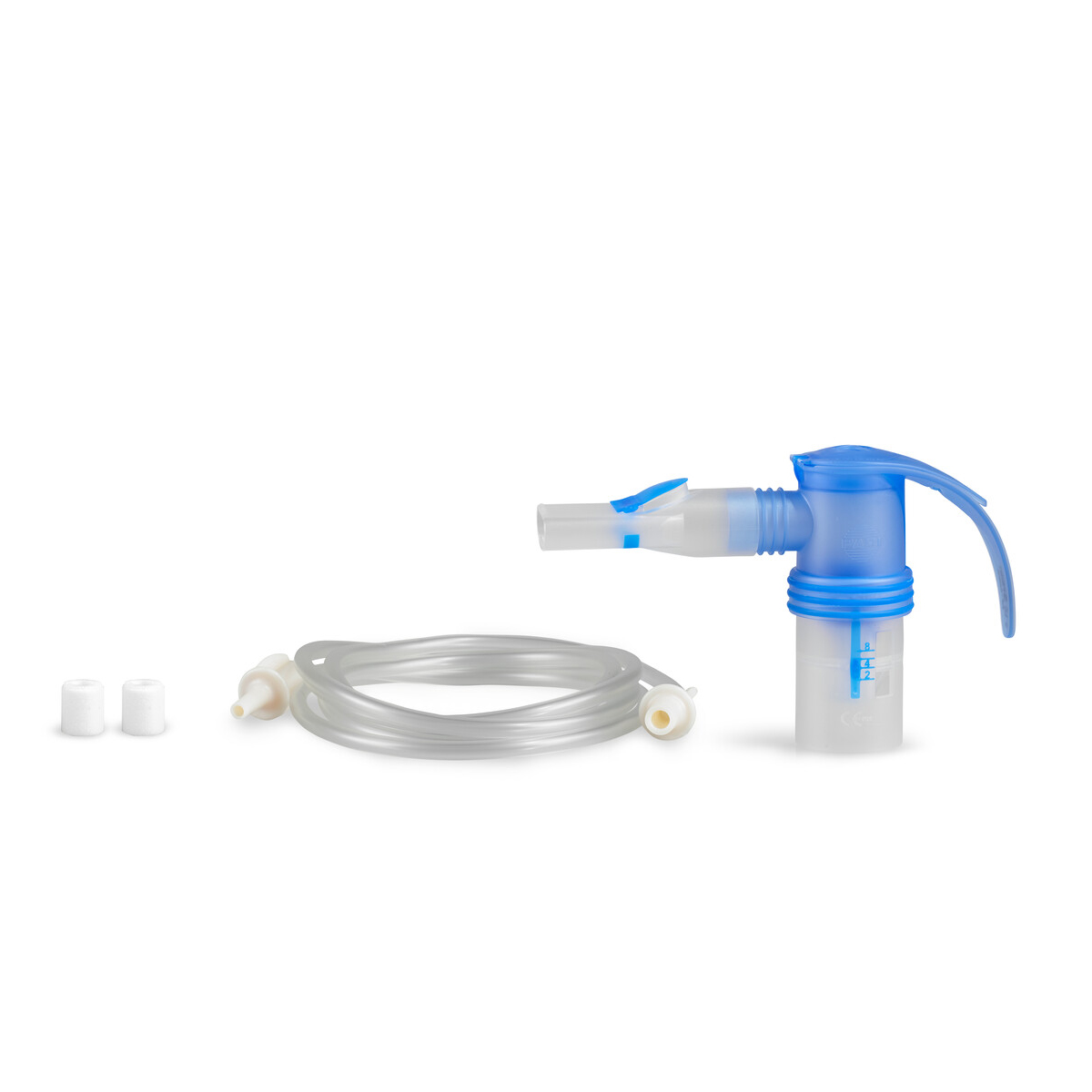 Sumutinlaitepakkaus, jossa suuosa, putkisto ja kaksi valkoista suodatinta valkoisella taustalla.