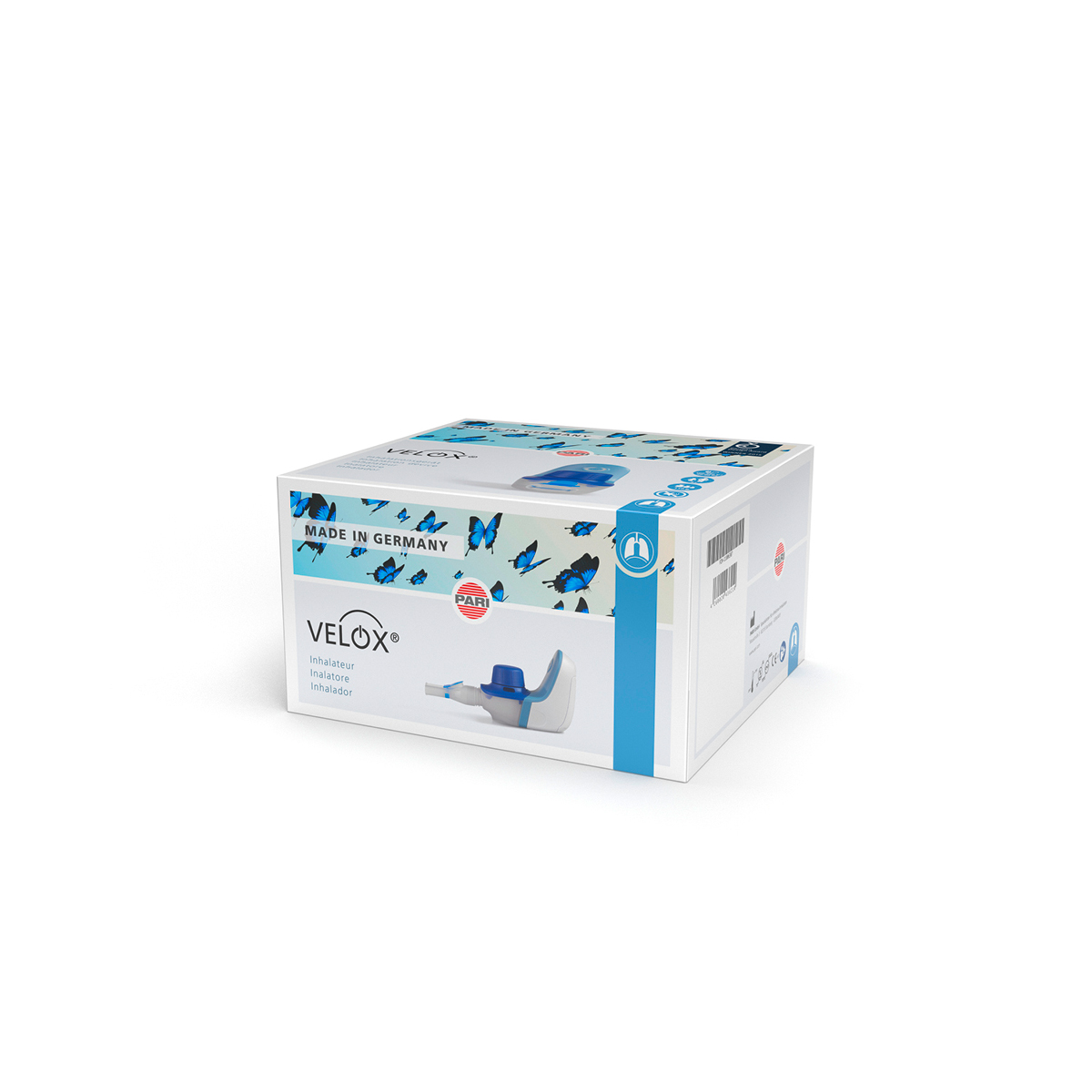 VELOX-inhalaattorilaatikko, jossa siniset perhoset -kuvio, tuotekuva ja "Made in Germany" -teksti pakkauksessa.