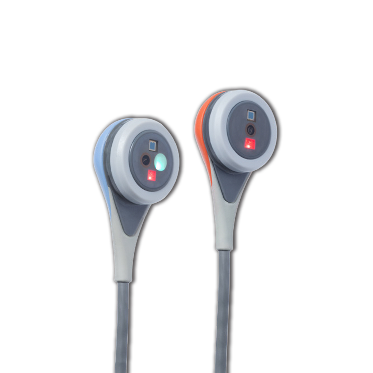Två elektroniska medicinska sensorer med färgade lampor, en med blå kant och den andra med orange kant, på grå kablar.