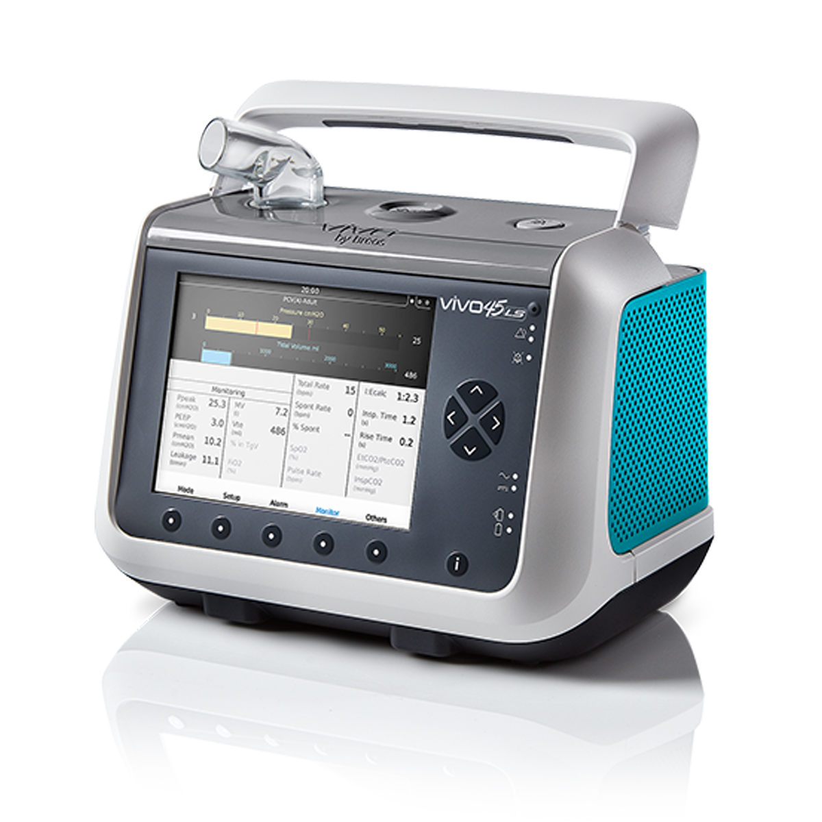 Portabel medicinsk ventilator med skärm, knappar och sidohandtag på vit bakgrund.