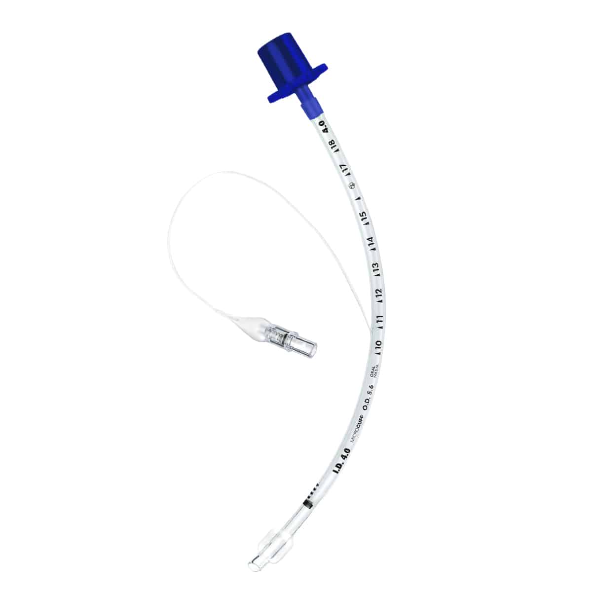 Lääketieteellinen endotrakeaalinen putki, jossa on sininen liitin ja mittamerkinnät kirkkaan kaarevan putken varrella.
